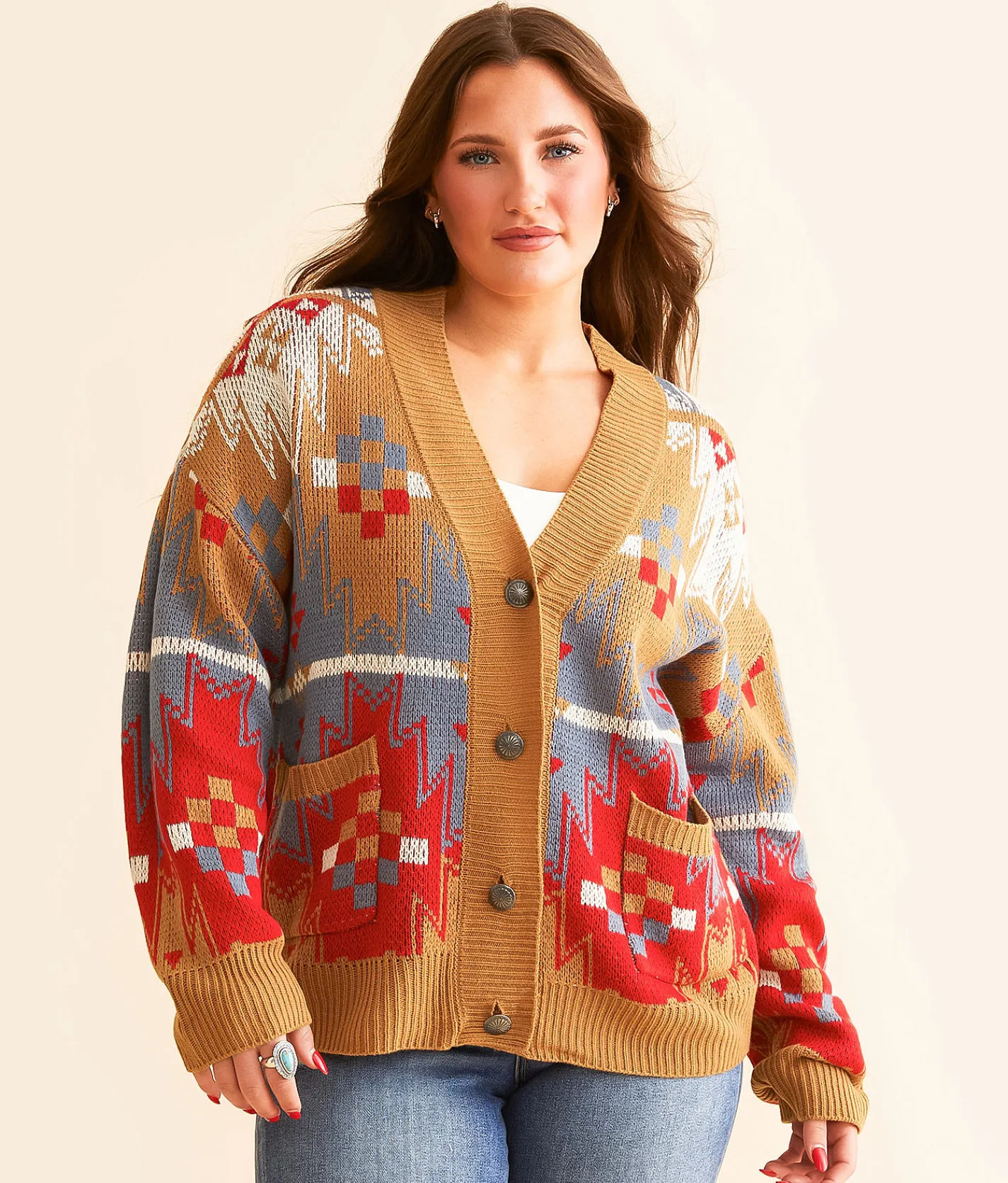 Wrangler® Boxy Cardigan Sweater Red Blue Brown New