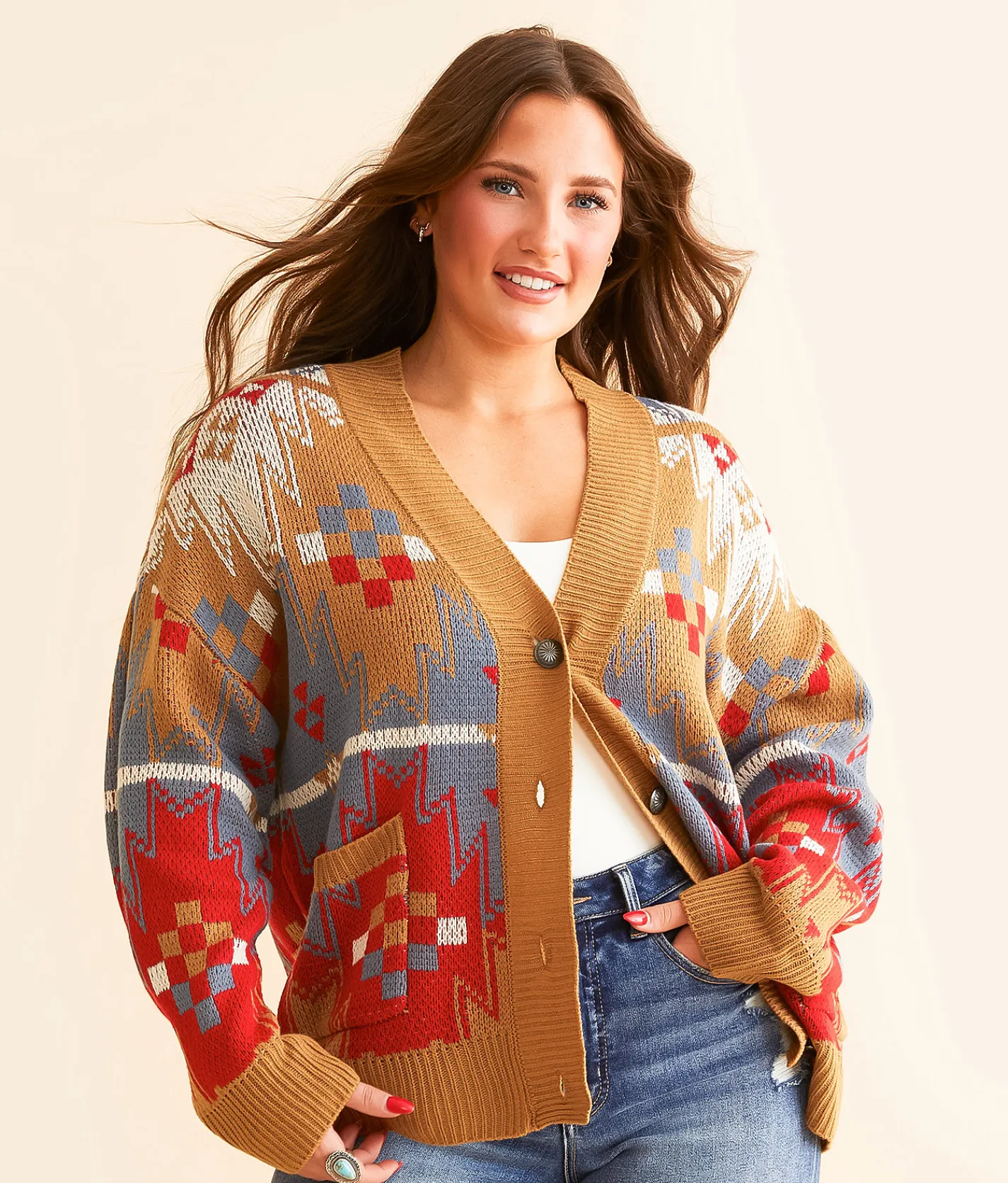Wrangler® Boxy Cardigan Sweater Red Blue Brown New