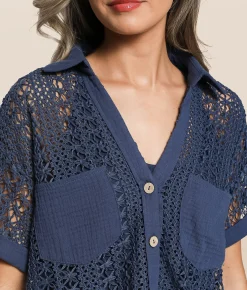 Tops | Hyfve Boxy Crochet Cropped Blouse Cobalt Blue