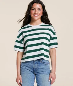 FITZ + EDDI Boxy Striped T-Shirt Hunter Green White Discount
