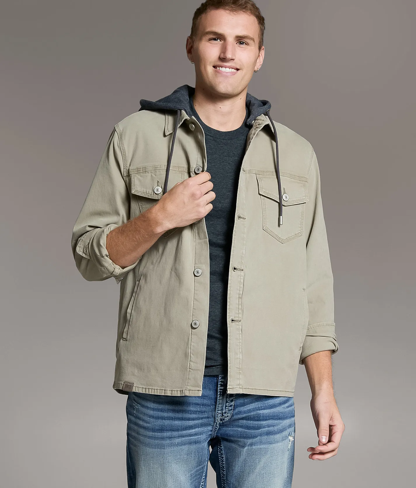 Tops|Coats & Jackets | BKE Bradley Hooded Denim Stretch Shacket Sage
