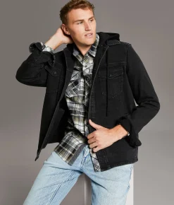 Tops|Coats & Jackets | BKE Bradley Hooded Denim Stretch Shacket Washed Black