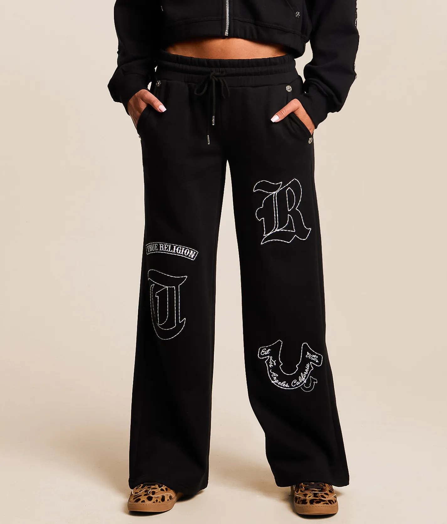 Bottoms | True Religion Branded Applique Wide Leg Pant Jet Black