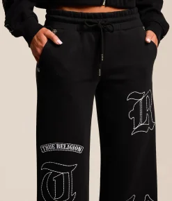 Bottoms | True Religion Branded Applique Wide Leg Pant Jet Black