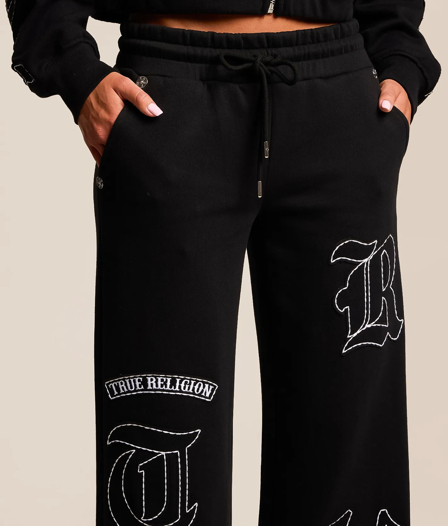 Bottoms | True Religion Branded Applique Wide Leg Pant Jet Black