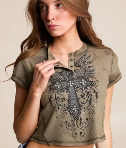 Tops | Affliction Brielle Cropped Thermal Henley Winter Moss