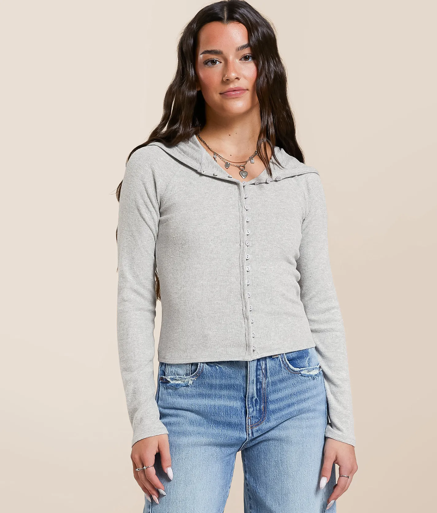FITZ + EDDI Brushed Knit Hooded Top Heather Grey Clearance