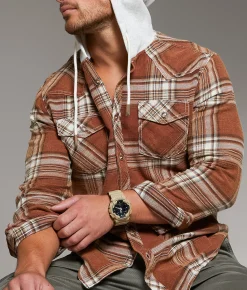 Tops | BKE Vintage Brushed Plaid Athletic Hooded Shirt Rust