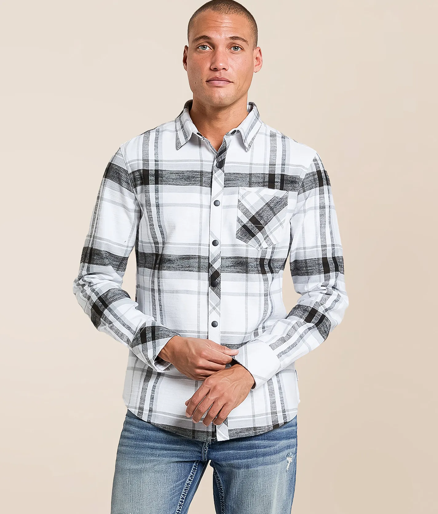 Tops | Departwest Brushed Plaid Athletic Shirt White Olive