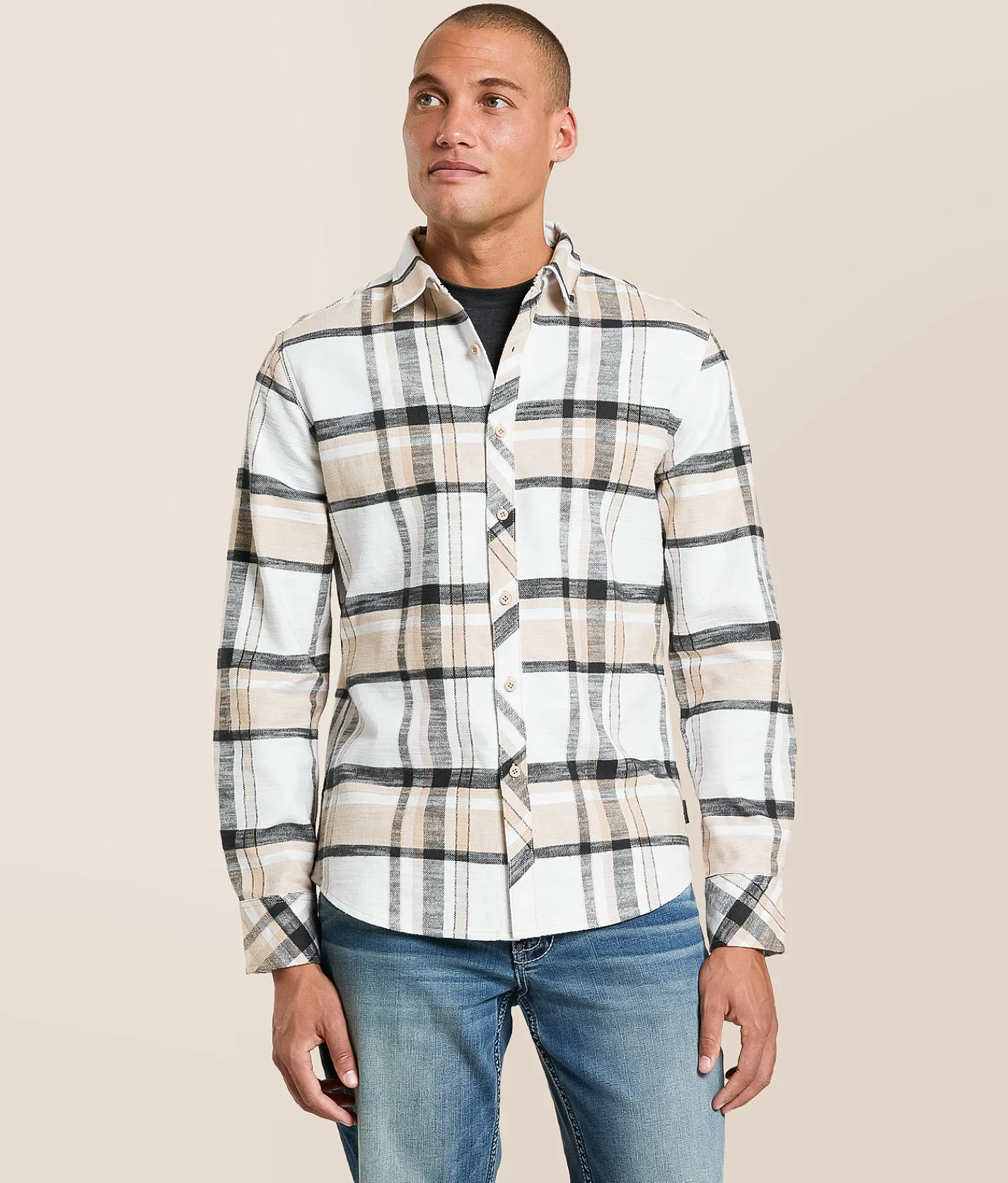 Departwest Brushed Plaid Athletic Shirt Tan Black Clearance
