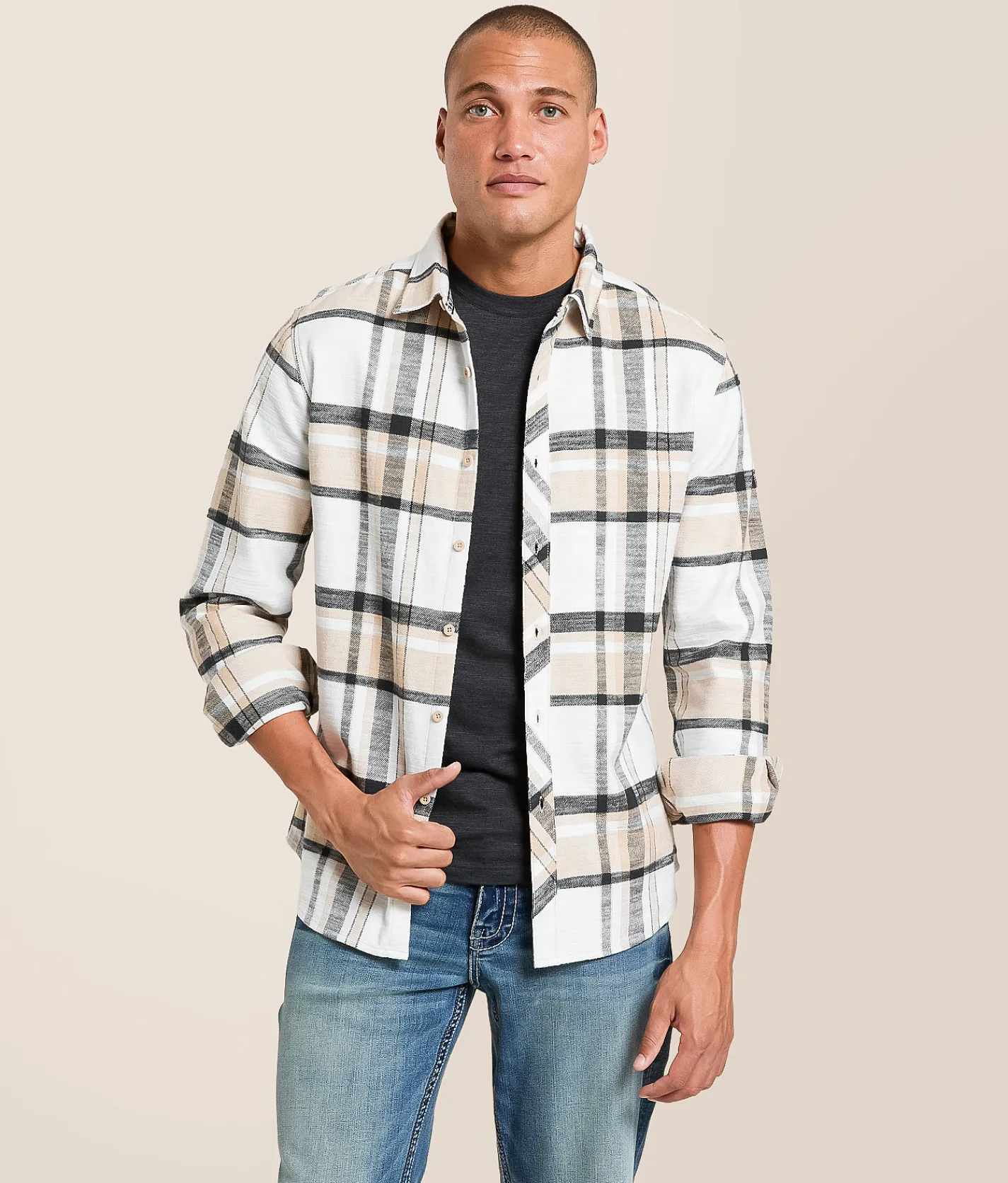 Departwest Brushed Plaid Athletic Shirt Tan Black Clearance