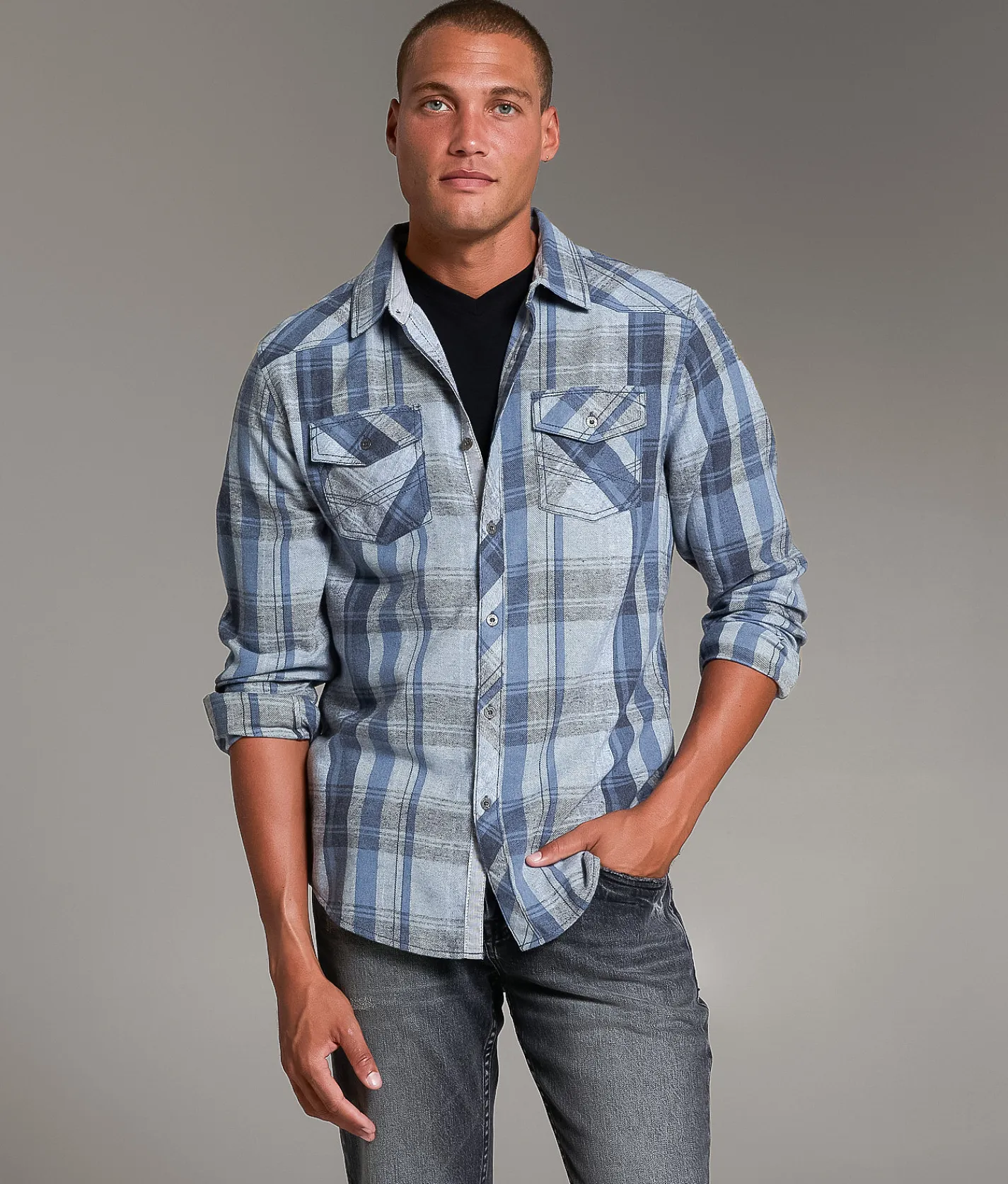 Tops | BKE Brushed Plaid Athletic Shirt Navy White