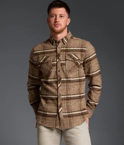 Outpost Makers Brushed Plaid Athletic Stretch Shirt Brown New