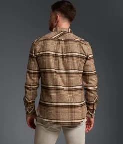 Outpost Makers Brushed Plaid Athletic Stretch Shirt Brown New