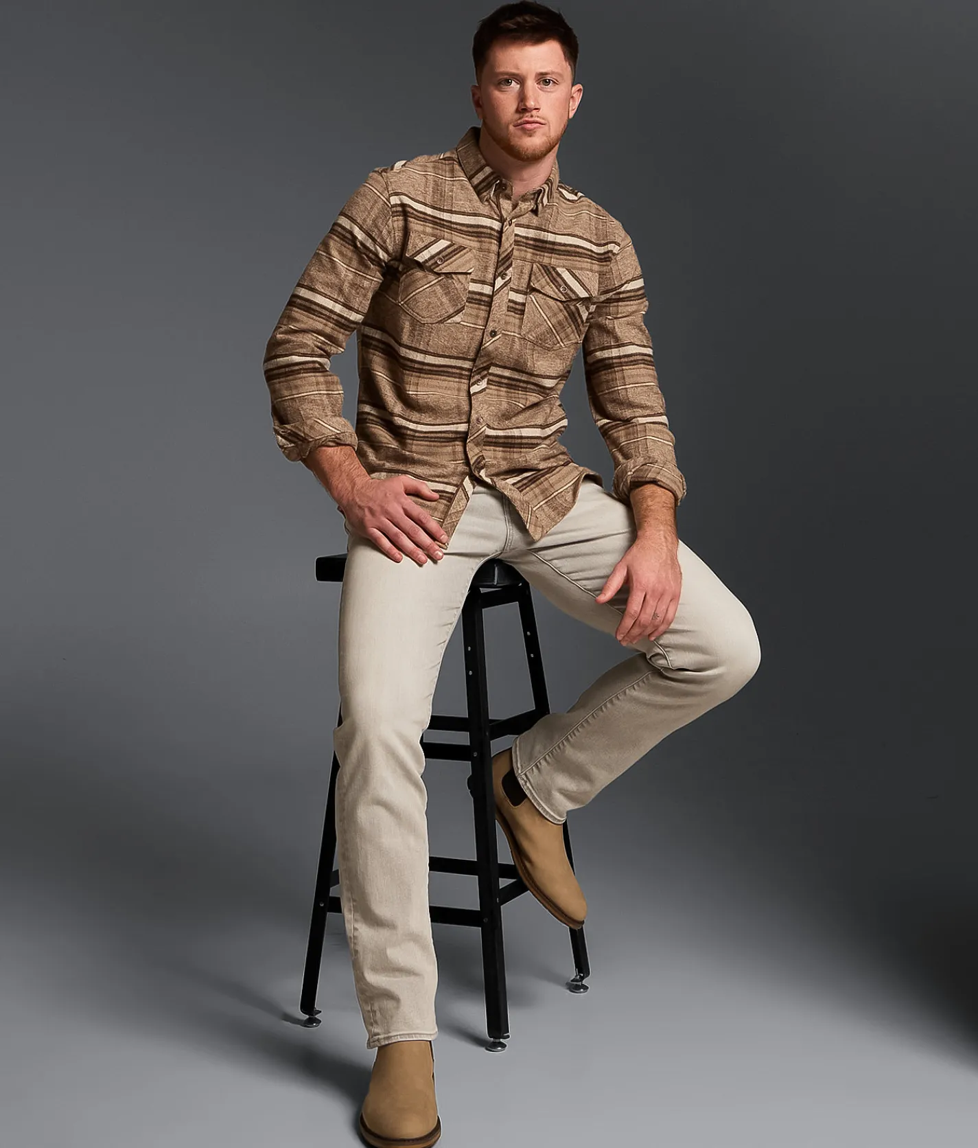 Outpost Makers Brushed Plaid Athletic Stretch Shirt Brown New