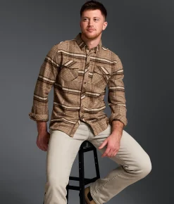 Outpost Makers Brushed Plaid Athletic Stretch Shirt Brown New
