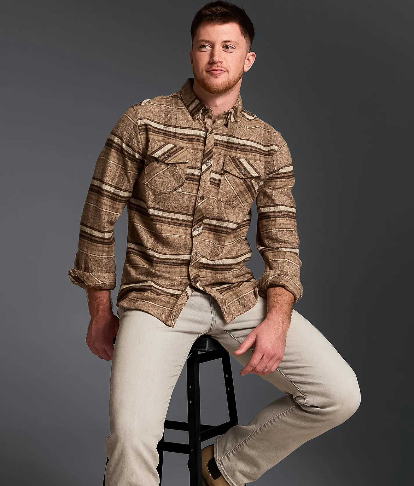 Outpost Makers Brushed Plaid Athletic Stretch Shirt Brown New