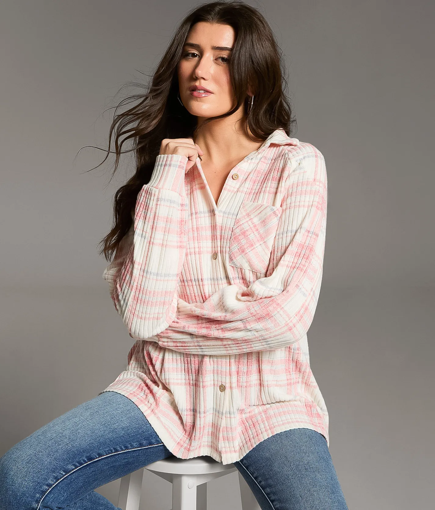 BKE Brushed Plaid Knit Shirt Blue Coral Clearance