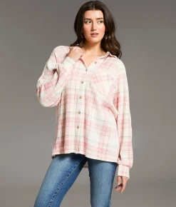 BKE Brushed Plaid Knit Shirt Blue Coral Clearance