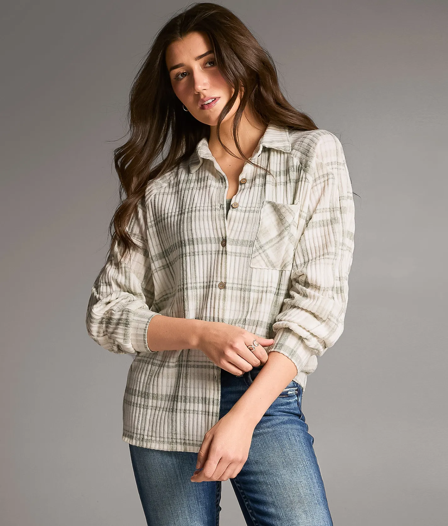 BKE Brushed Plaid Knit Shirt Green Outlet