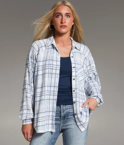 Tops | BKE Brushed Plaid Knit Shirt Blue Cream