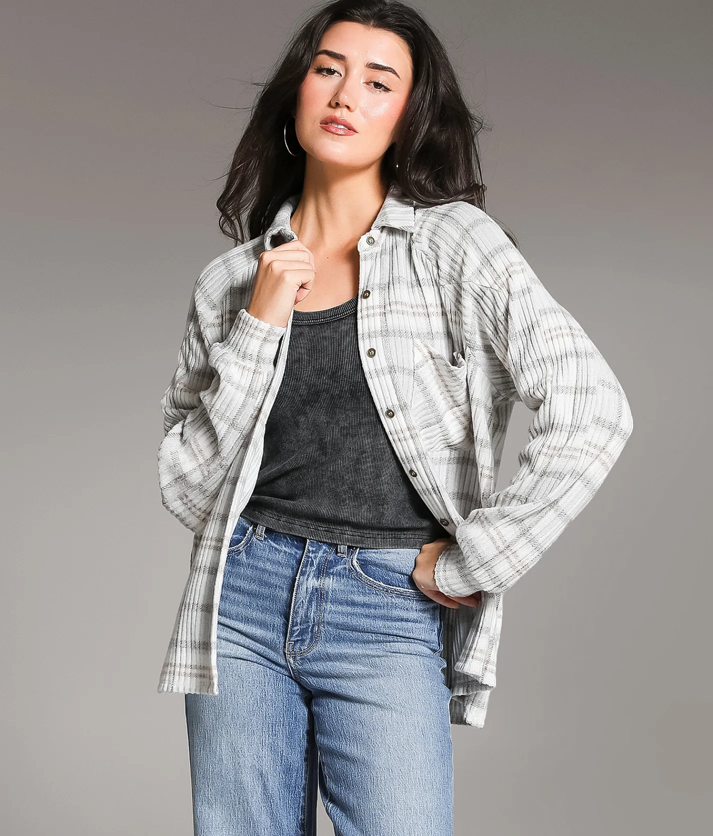 Tops | BKE Brushed Plaid Knit Shirt Grey