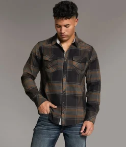 Tops | BKE Brushed Plaid Standard Shirt Black Tobacco