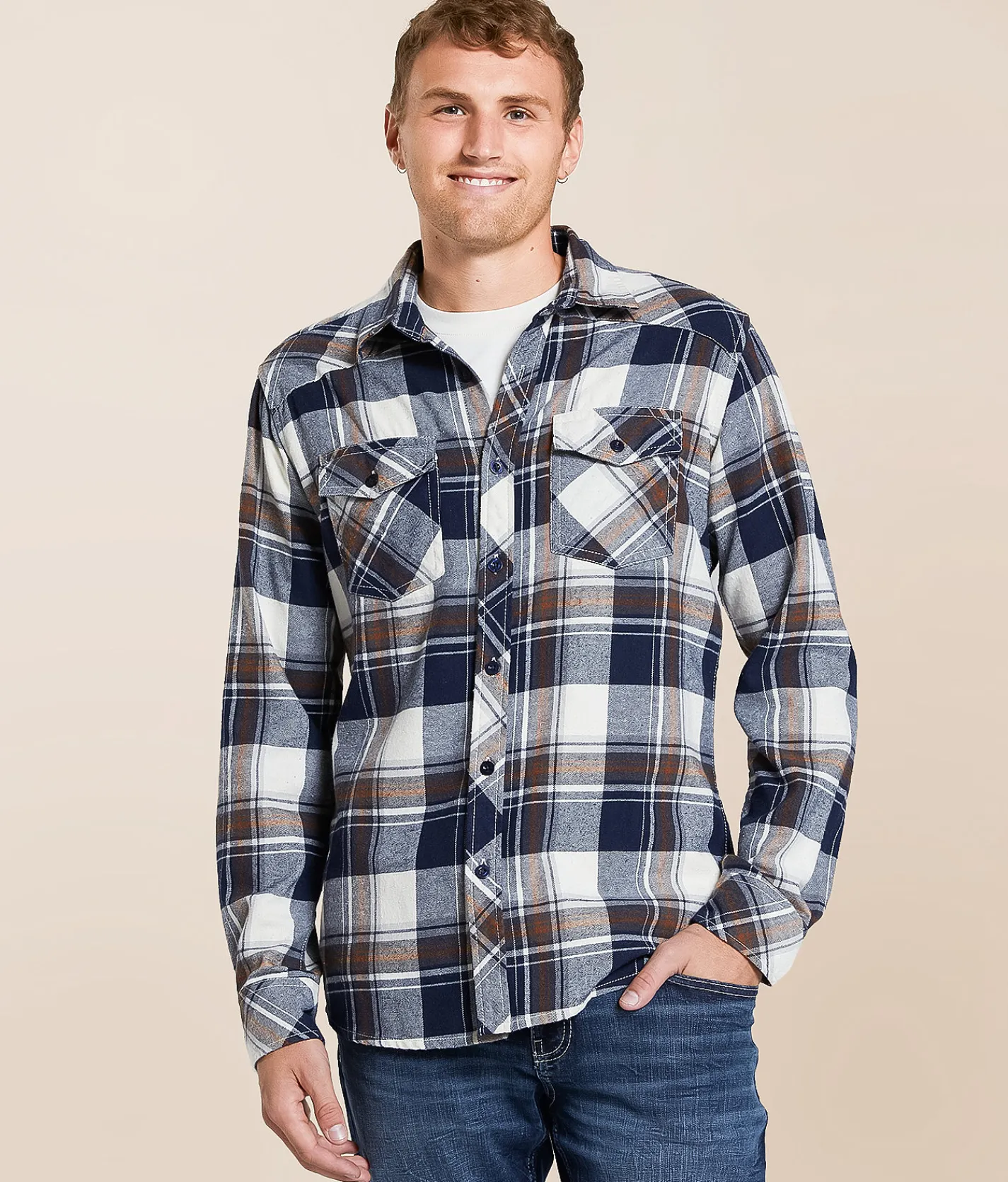 Reclaim Brushed Plaid Standard Shirt Cream Navy New
