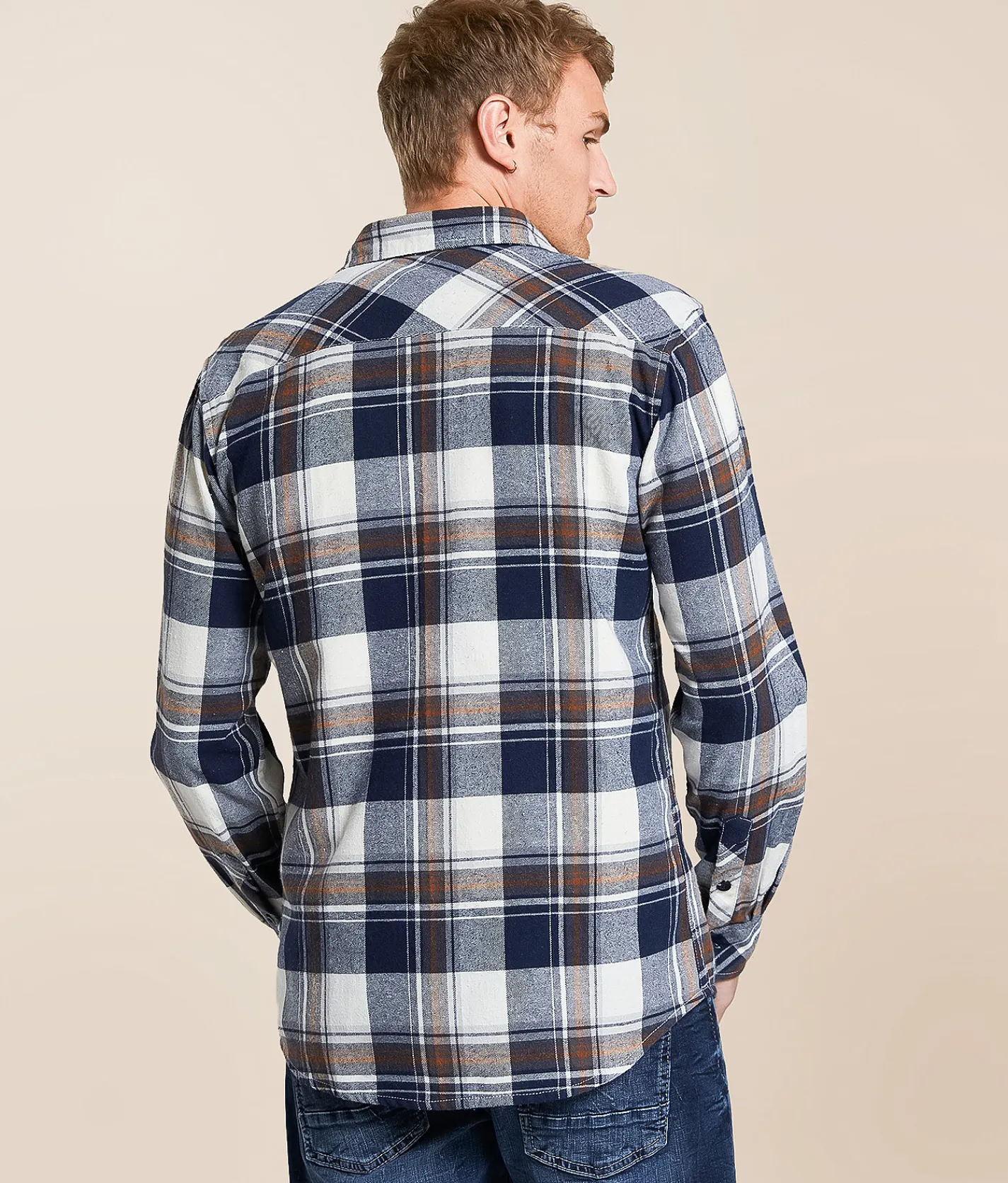 Reclaim Brushed Plaid Standard Shirt Cream Navy New