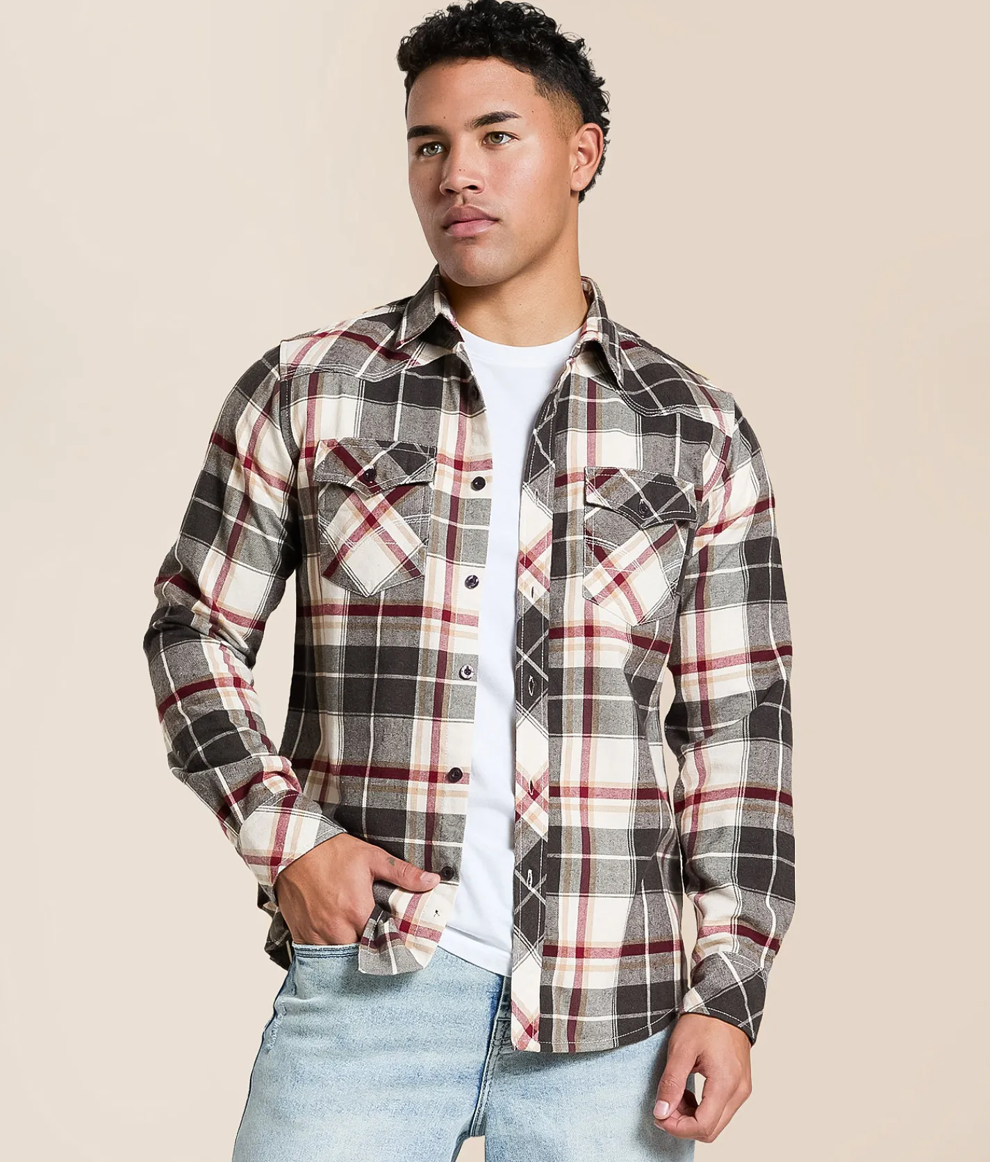 Reclaim Brushed Plaid Standard Shirt Charcoal Rust Sale