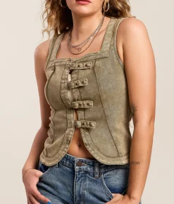 Tops | Gilded Intent Buckle Strap Denim Stretch Tank Top Olive