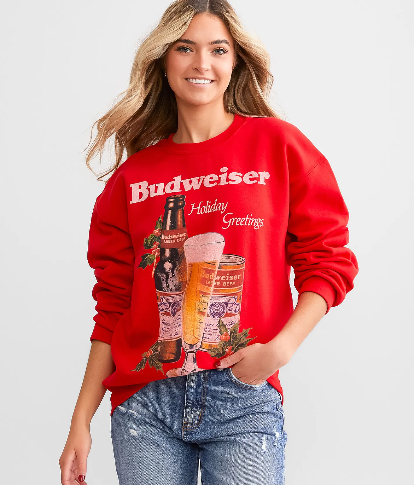 Tops | Junkfood Budweiser Holiday Oversized Pullover Red