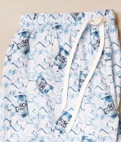 Bottoms|Swimwear | Tropical Bros. Busch Light Ice & Cans Swim Trunks White