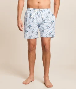 Bottoms|Swimwear | Tropical Bros. Busch Light Ice & Cans Swim Trunks White