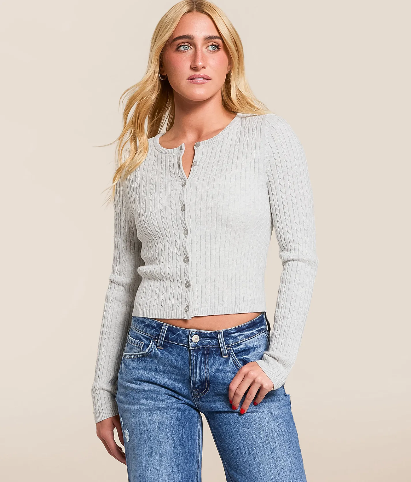 Tops | FITZ + EDDI Cable Knit Cardigan Sweater Heather Grey