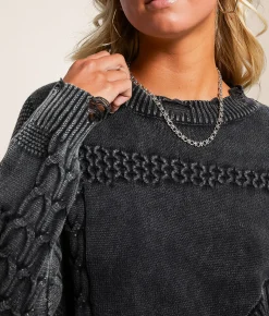 Gilded Intent Cable Knit Destructed Sweater Washed Black Clearance