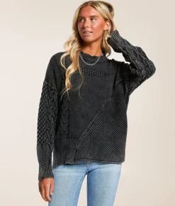 Gilded Intent Cable Knit Destructed Sweater Washed Black Clearance
