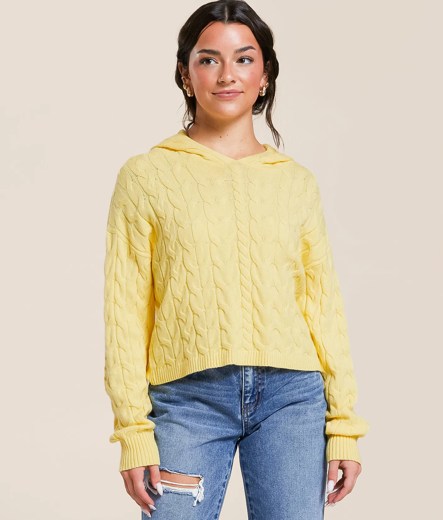 FITZ + EDDI Cable Knit Hooded Sweater Pale Banana New