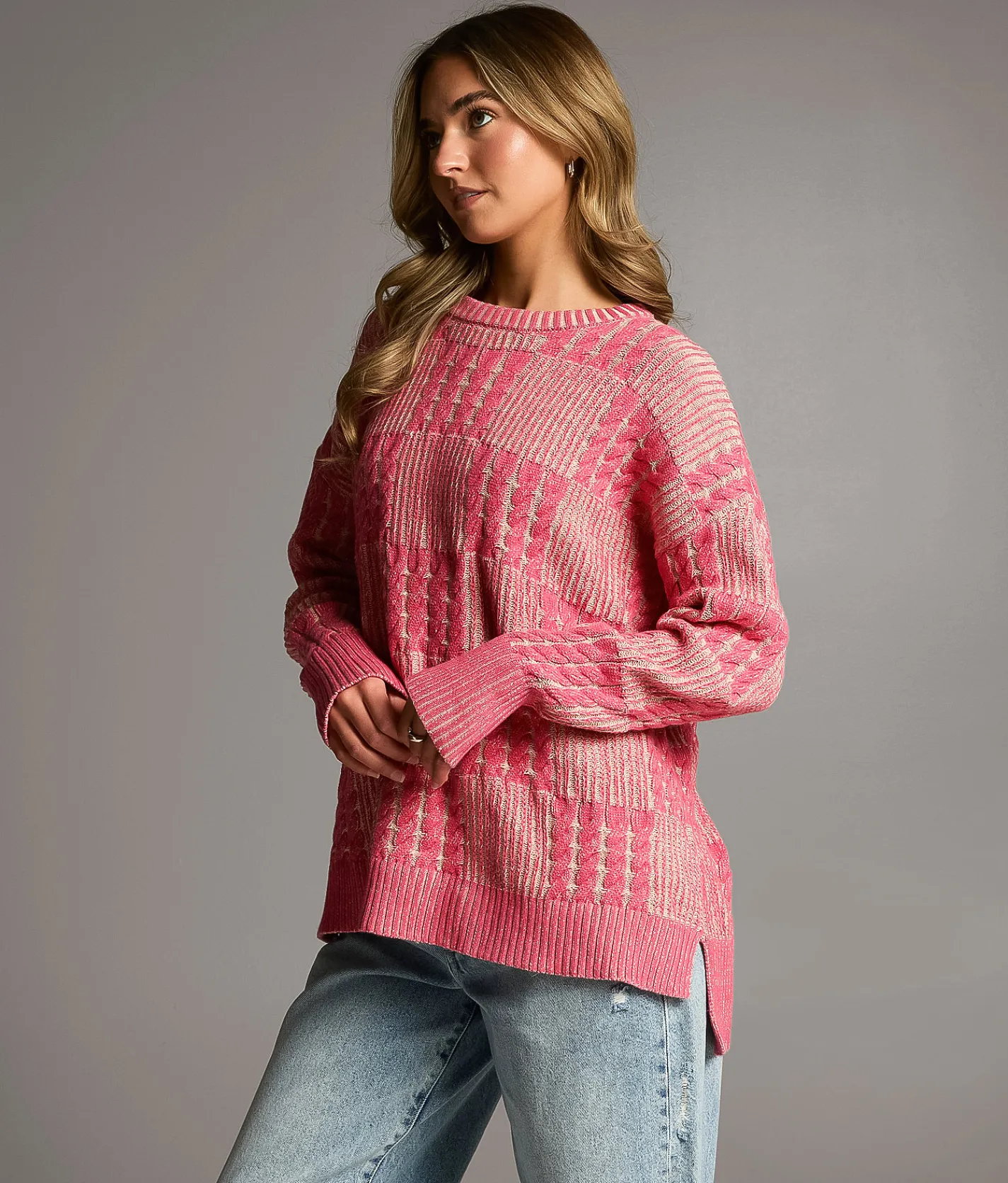 BKE Cable Knit Sweater Geranium Cream New