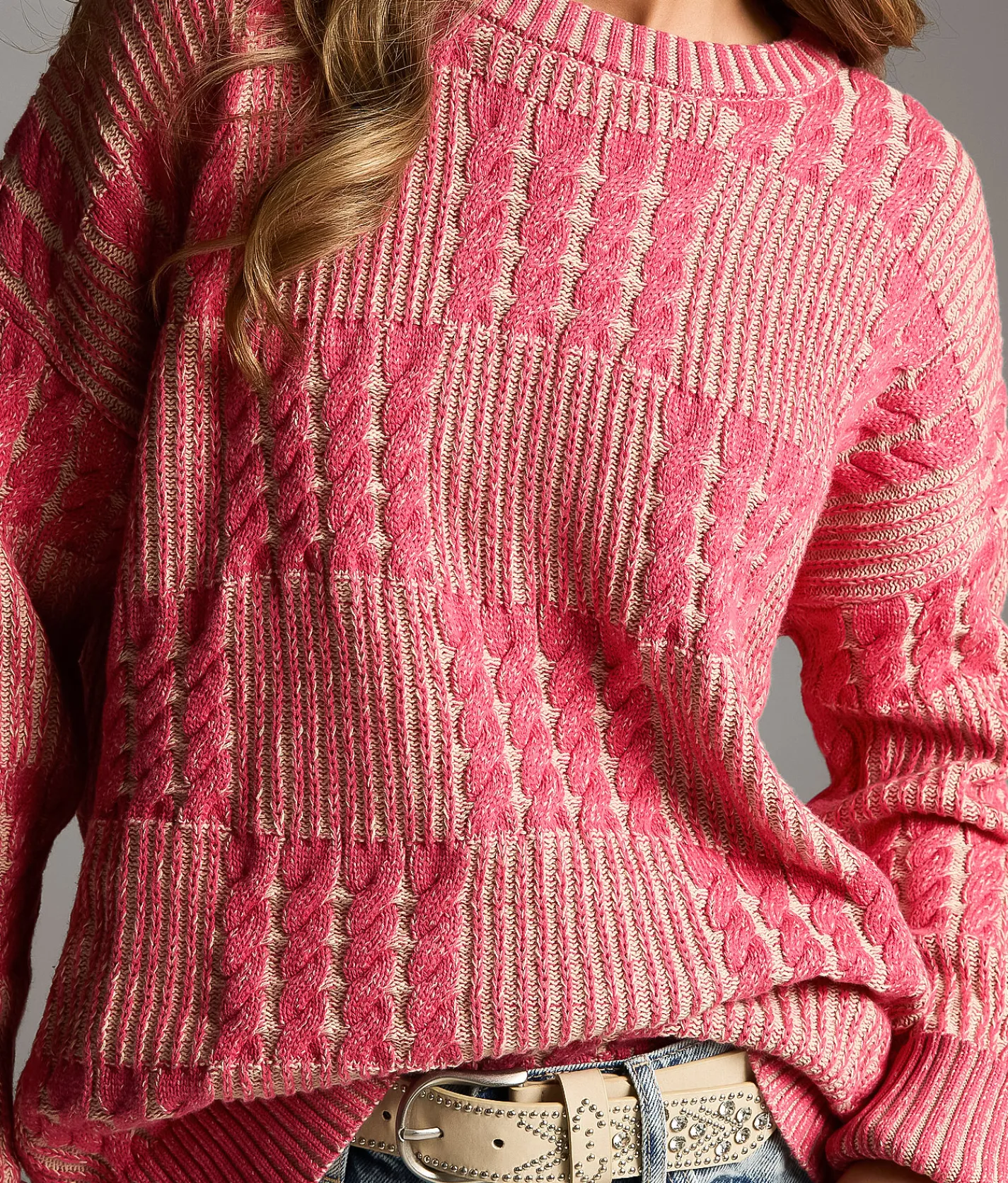 BKE Cable Knit Sweater Geranium Cream New