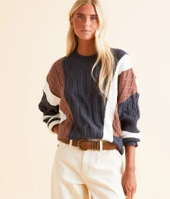 Gilded Intent Cable Knit Sweater Navy Cream Brwn Online