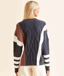 Gilded Intent Cable Knit Sweater Navy Cream Brwn Online