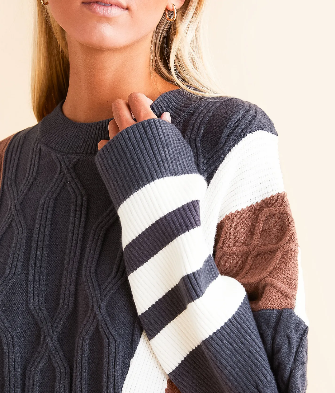 Gilded Intent Cable Knit Sweater Navy Cream Brwn Online