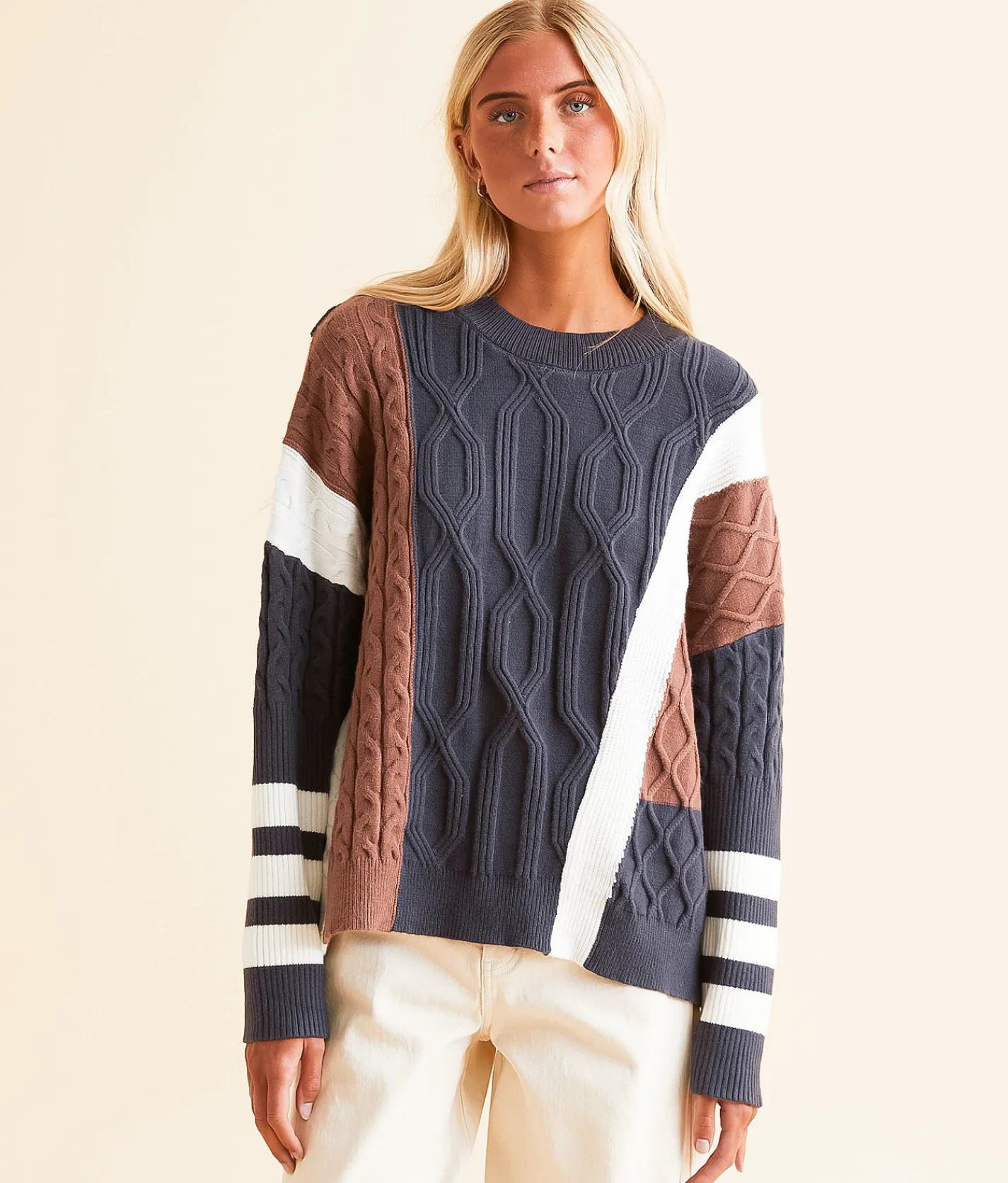 Gilded Intent Cable Knit Sweater Navy Cream Brwn Online