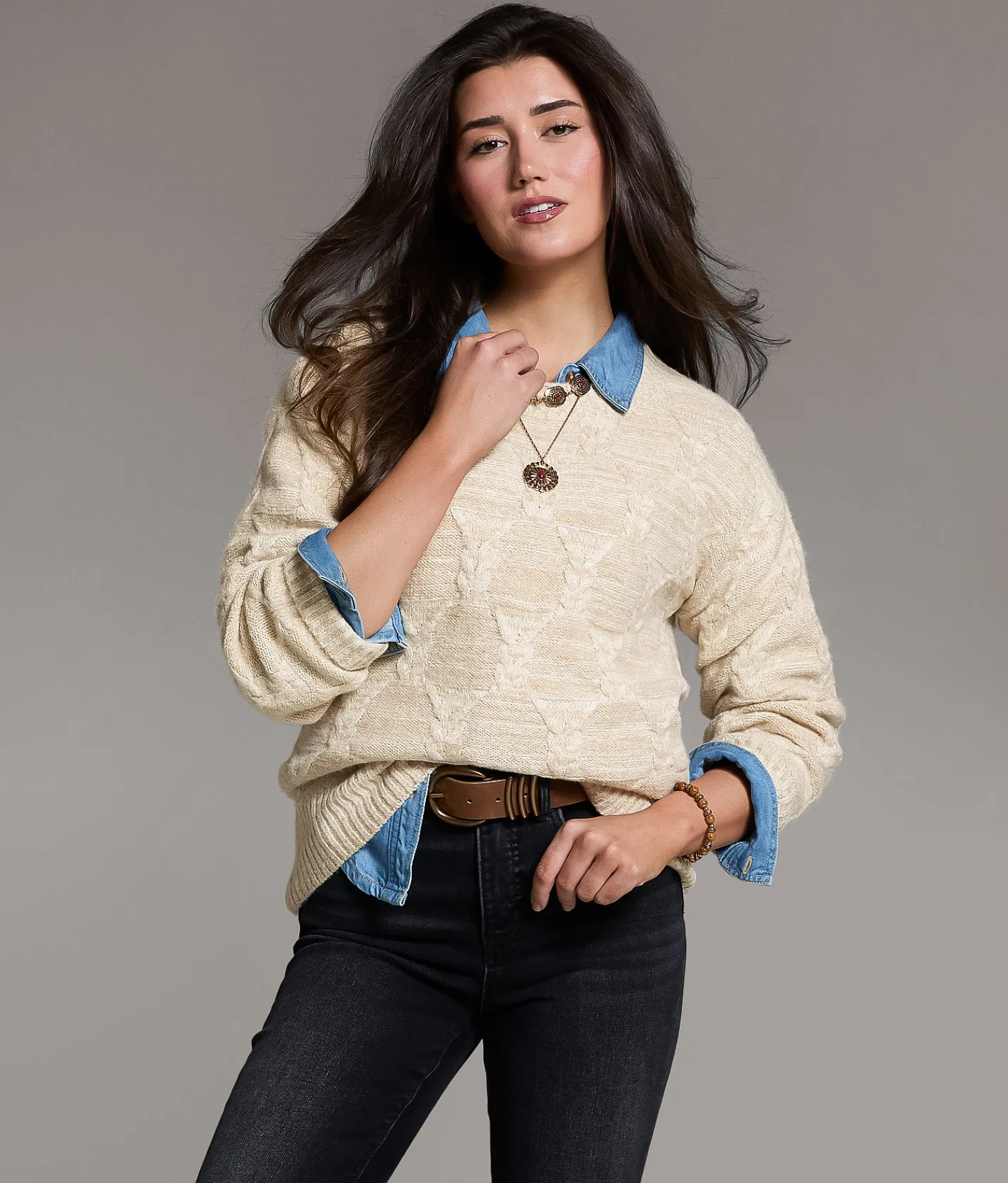 BKE Cable Knit Sweater Cream Marl Discount
