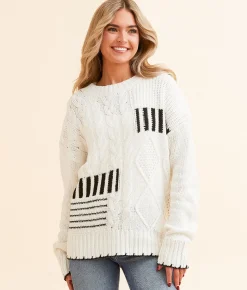 BKE Cable Knit Sweater White Black Outlet