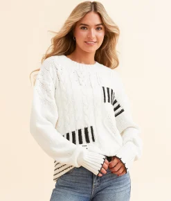 BKE Cable Knit Sweater White Black Outlet
