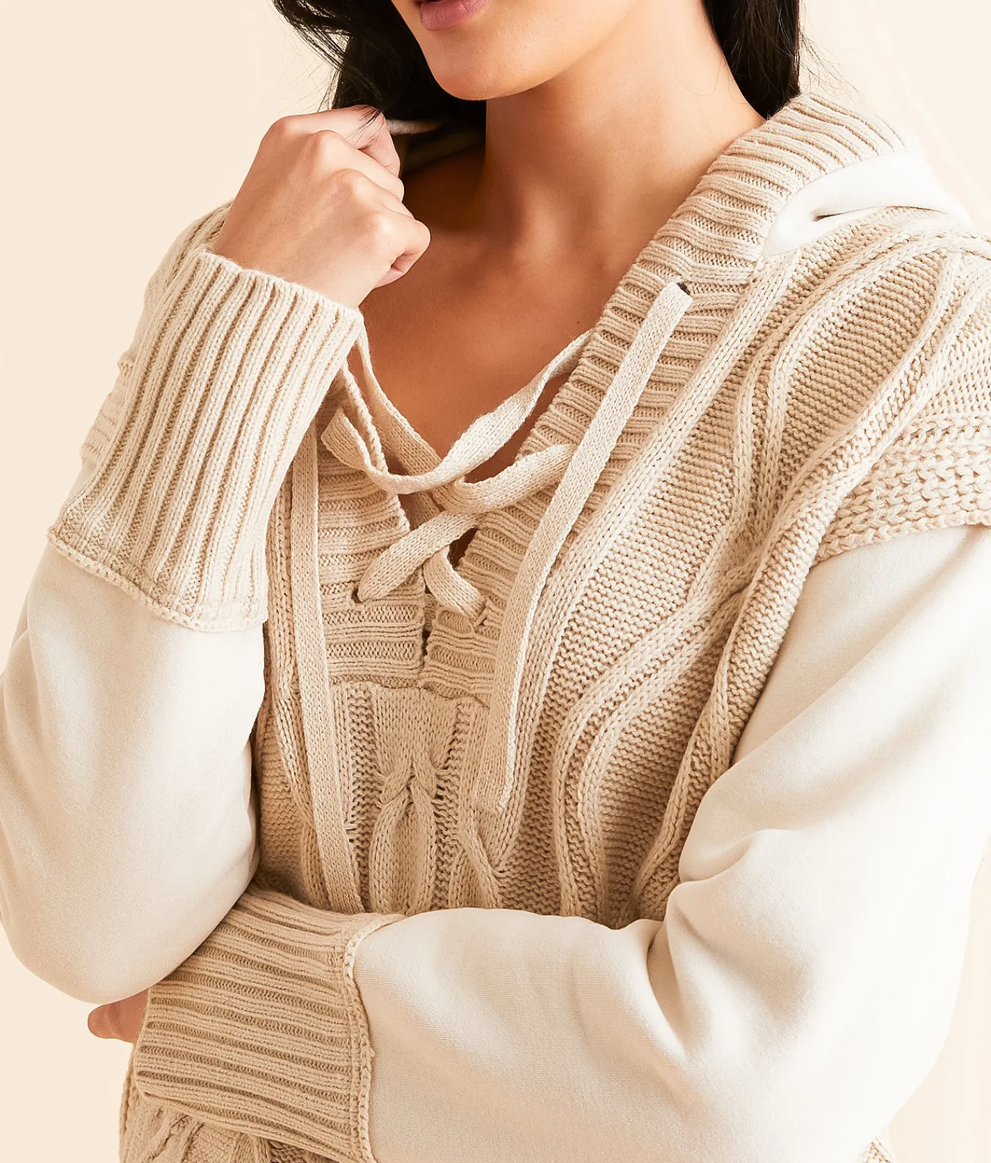 BKE Cable Lace-Up Hooded Sweater Peyote Clearance