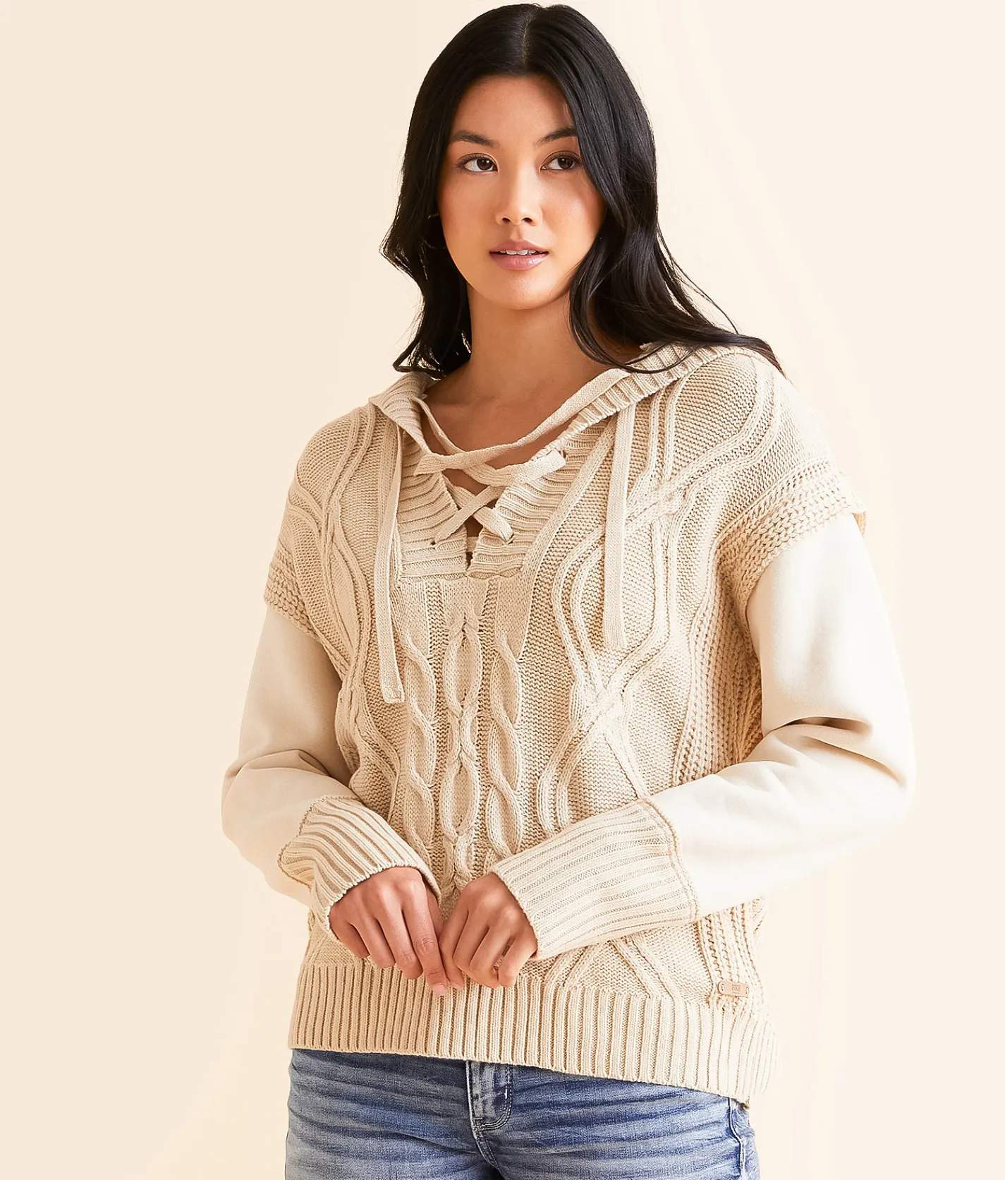 BKE Cable Lace-Up Hooded Sweater Peyote Clearance
