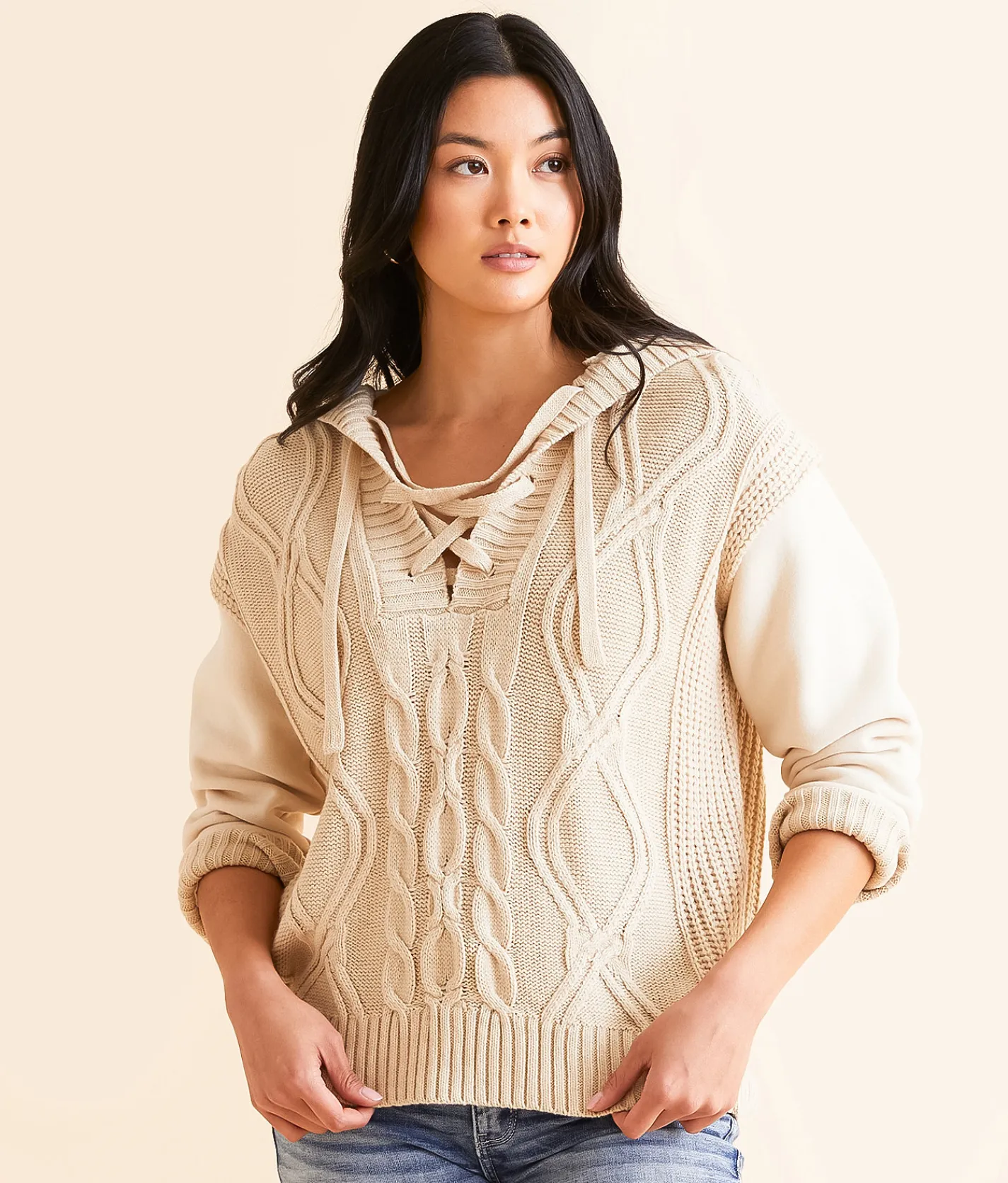 BKE Cable Lace-Up Hooded Sweater Peyote Clearance